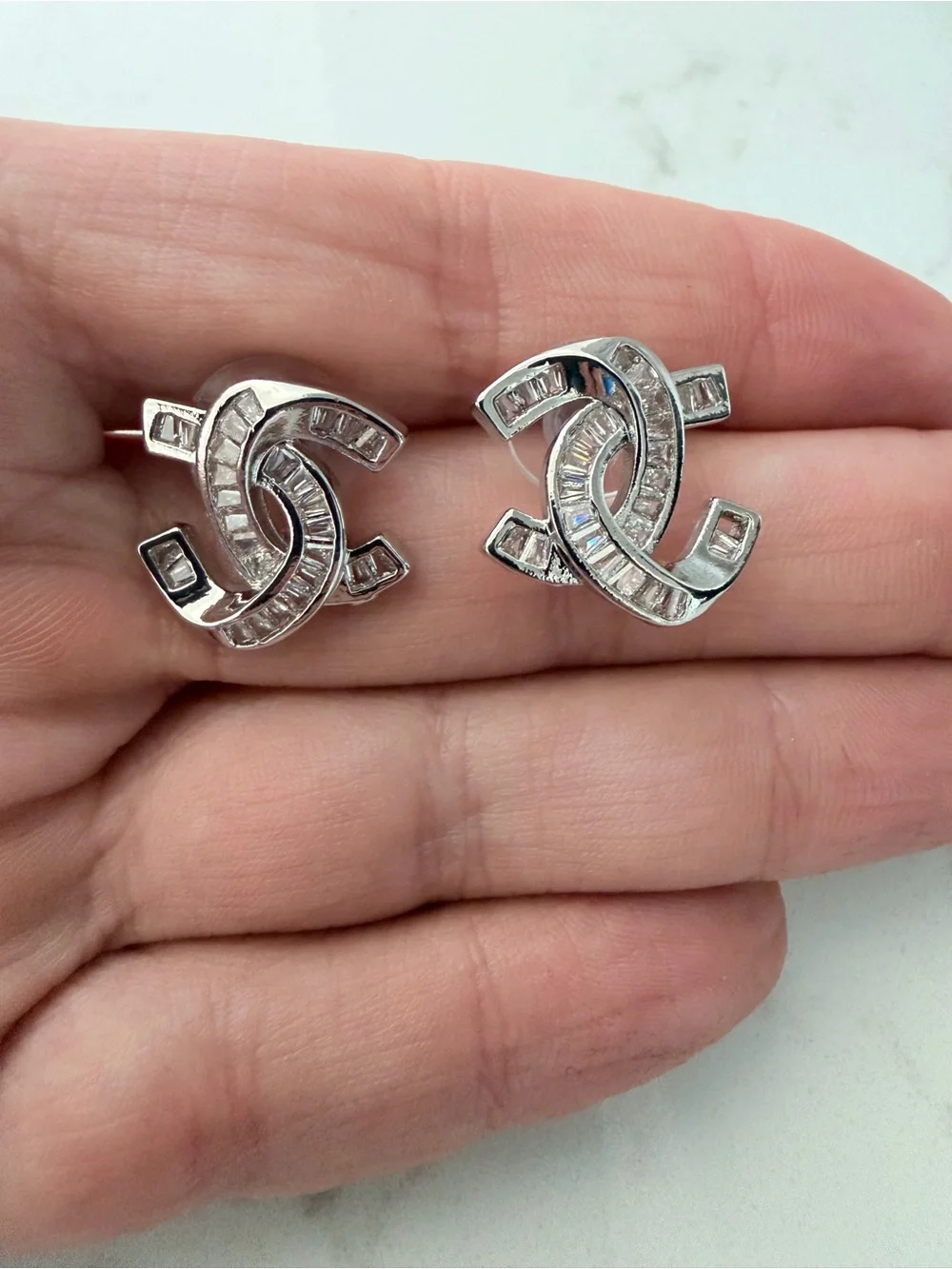 Chanel Crystal Interlocking Logo Stud Earrings - Silver